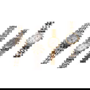 Cyma Concord Baume & Mercier Tissot Watch Lot of 4: Metal : Two Tone Stainless Steel Designer : Cyma / Tissot / Baume & Mercier / Concord Movement : 3 Quartz (not running) 1 Automatic/Tissot - (working order). Measurements : All ladies novels - c