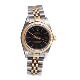 Rolex 18k Gold Steel Black Dial Ladies Watch 76193