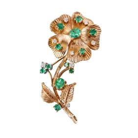 14k Gold Emerald Diamond Flower Brooch