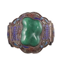 Antique Sterling Silver Enamel Aventurine Bangle Bracelet