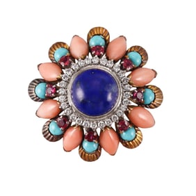 1960s 18k Gold Diamond Lapis Turquoise Ruby Coral Brooch Pendant