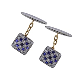 Art Deco Diamond Sapphire 18k Gold Classic Cufflinks