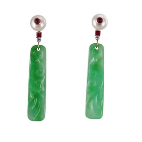 14k Gold Diamond Ruby Pearl Carved Jade Drop Earrings