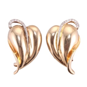 Seaman Schepps Vintage 14k Gold Diamond Leaf Brooch Set