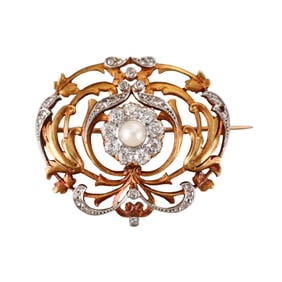 Antique 18k Gold Diamond Pearl Brooch