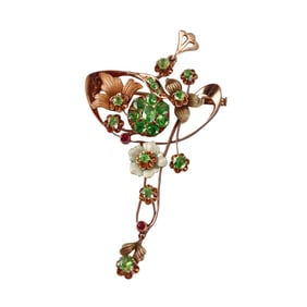Antique Art Nouveau Russian Demantoid Garnet Ruby Gold Brooch Pendant