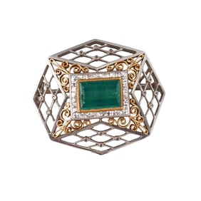 Art Deco Platinum Gold 1.56ct Emerald French Cut Diamond Brooch