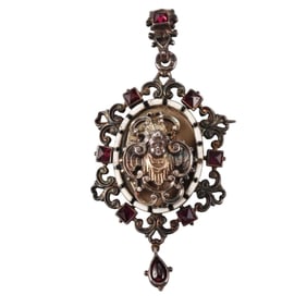 Antique Austro Hungarian Silver Enamel Garnet Locket Brooch Pendant