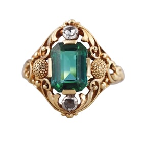 Antique 18k Gold Green Tourmaline Diamond Ring