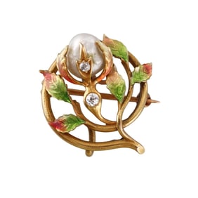 Antique Art Nouveau 14k Gold Pearl Diamond Enamel Brooch Pendant