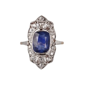 Art Deco 3.20ct Sapphire Diamond 14k Gold Platinum Ring