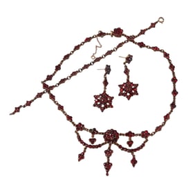 Antique Bohemian Garnet Necklace Bracelet Earrings Suite