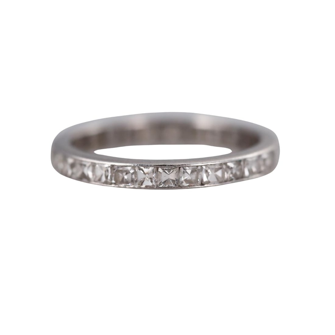 French Antique Platinum Diamond Eternity Wedding Band Ring: Metal : Platinum Designer : Not Signed Gemstone : Antique square cut - approx. 0.87ctw. Measurements : Ring size 4.75, ring is 2.3mm wide. Marked: : Tested plat. French hallmarks