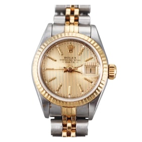 Rolex Oyster Date 18k Gold Steel Tapestry Dial Ladies Watch 69173