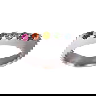 18k Gold Rainbow Sapphire Ring: Metal : 18k White Gold Designer : Not Signed Gemstone : Rainbow sapphires. Measurements : Ring size 7, width 4.2mm. Marked: : 18k. Weight: : 5.4 grams Condition: :