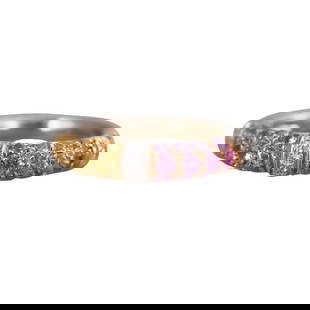 18k Gold Pink Yellow Sapphire Diamond Ring: Metal : 18k Yellow Gold Designer : Not Signed Gemstone : Yellow and pink sapphires, Diamonds. Measurements : Ring size 5.75, width 5mm. Marked: : 750. Weight: : 6.6 grams 