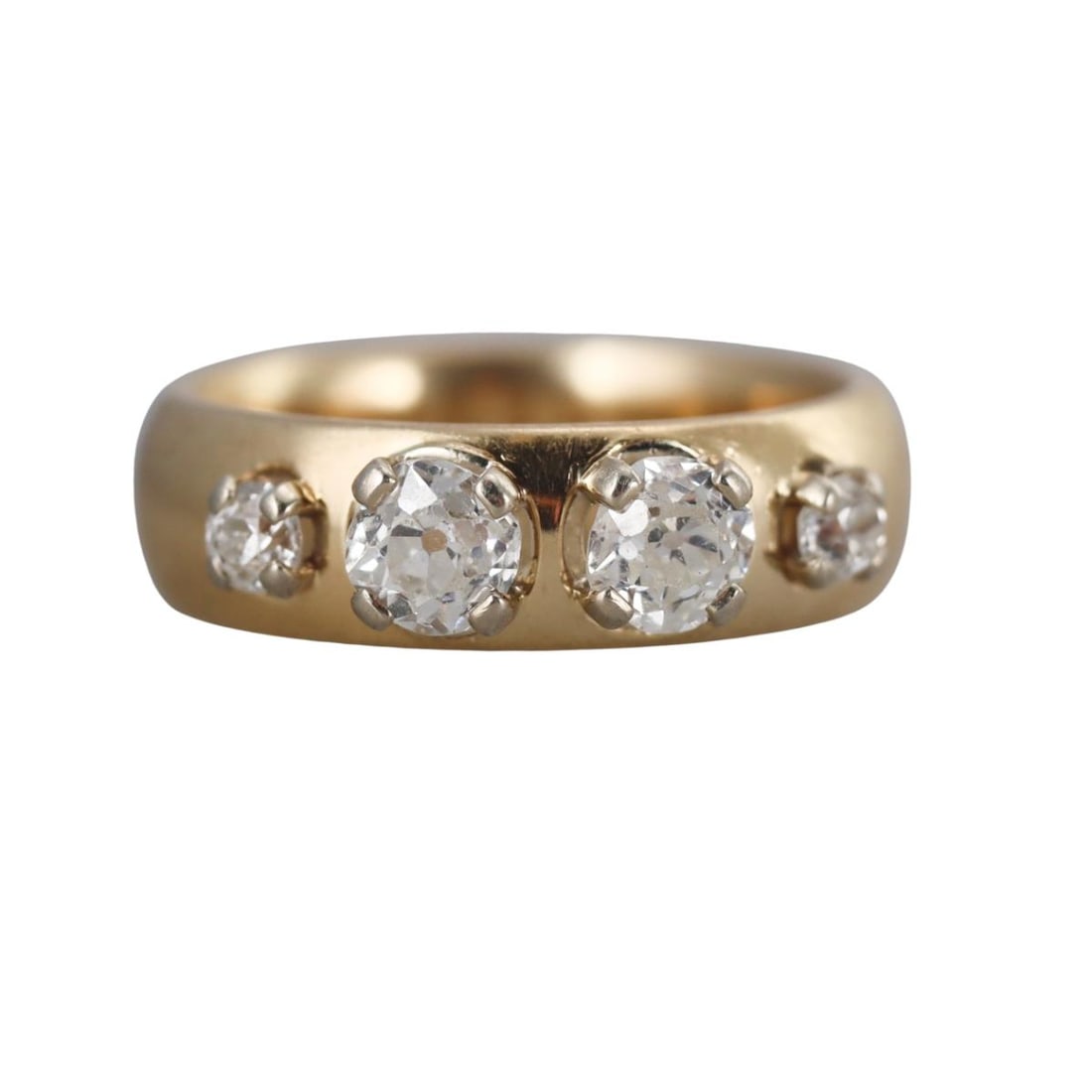 Antique 14k Gold Old Mine Diamond Band Ring: Metal : 14k Yellow Gold Designer : Not Signed Gemstone : OMC diamonds approx. 0.90-1.00ctw. Measurements : Ring size 6.25, width 6mm. Marked: : 14k. Weight: : 7.4 grams