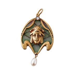 Art Nouveau Antique 14k Gold Plique a Jour Pearl Diamond Pendant
