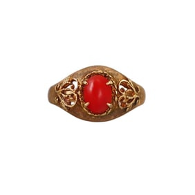 Antique Italian Florentine Finish 18k Gold Coral Ring