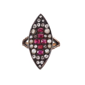 Antique Victorian Gold Silver Ruby Diamond Natural Pearl Navette Ring