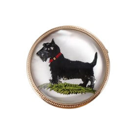 Vintage 14k Gold Reverse Painting Scottish Terrier Dog Pendant Brooch