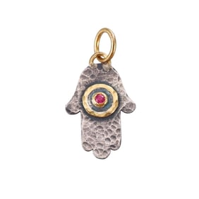 Ancient Inspired 24k Gold Silver Ruby Hamsa Hand of God Pendant Charm