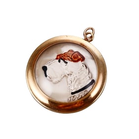 14k Gold Reverse Painting Fox Terrier Dog Pendant