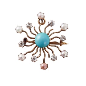 Antique 14k Gold Turquoise Diamond Pearl Brooch Pendant