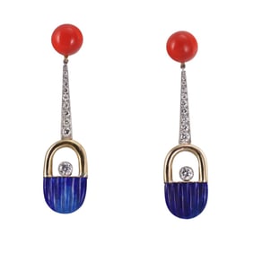 1970s 18k Gold Coral Diamond Lapis Drop Earrings