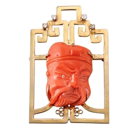 14k Gold Carved Coral Diamond Pendant Brooch