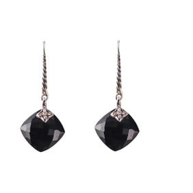 David Yurman Quatrefoil Silver DIamond Onyx Drop Earrings