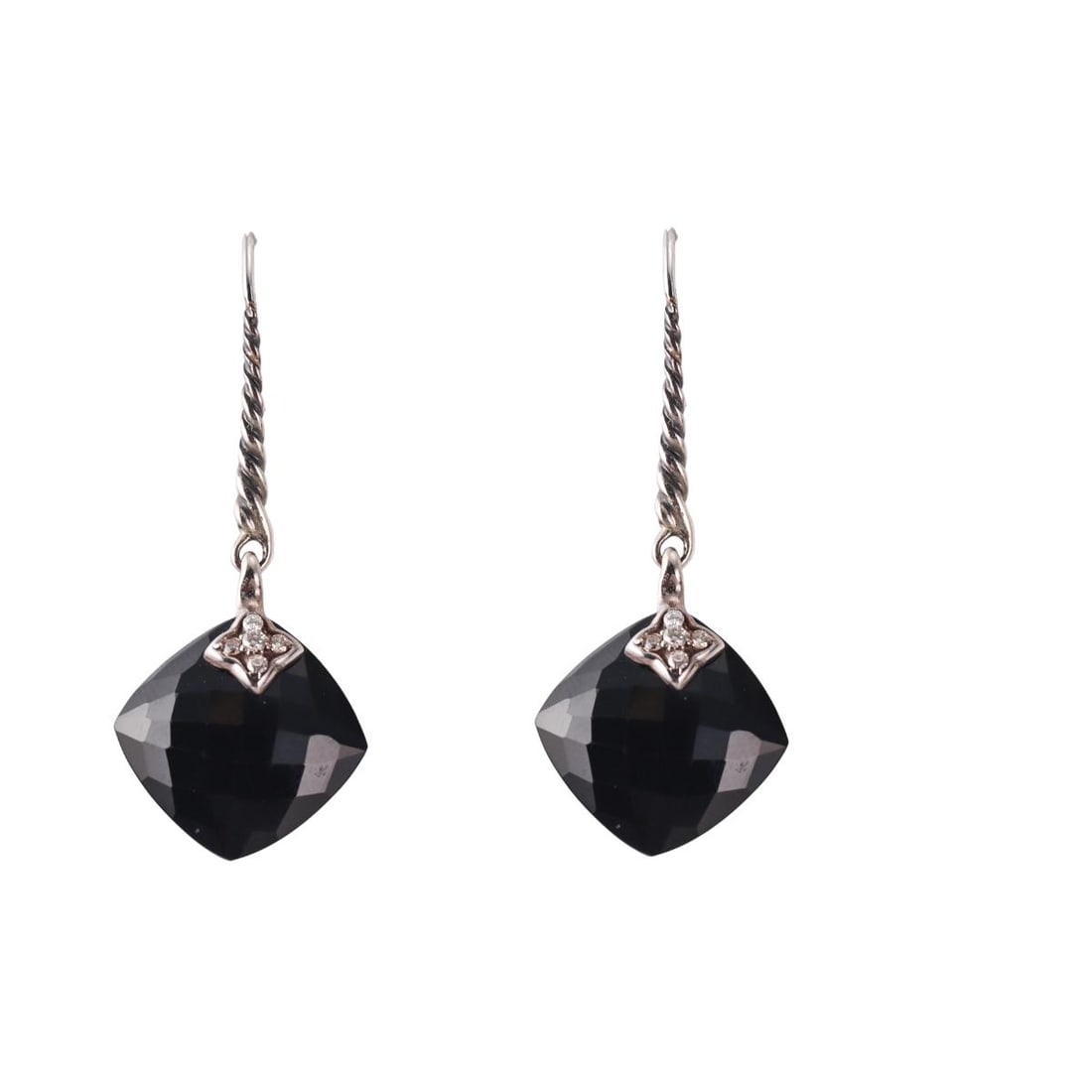 David Yurman Quatrefoil Silver DIamond Onyx Drop Earrings (1 of 3)