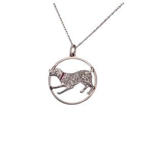 Art Deco Platinum Diamond Ruby Dog Pendant 14k Gold Necklace