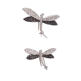 18k Black & White Diamond Dragonfly Brooch Pendant Set of 2