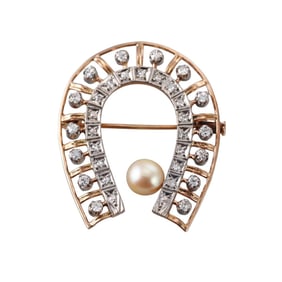Midcentury 18k Gold Diamond Pearl Lucky Horseshoe Brooch