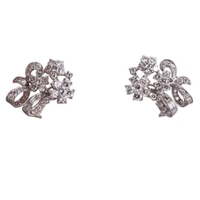 Midcentury Platinum Diamond Flower Earrings