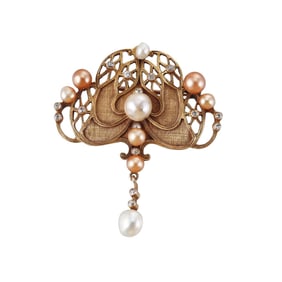 GIA Art Nouveau Natural Pearl Diamond Brooch Pin