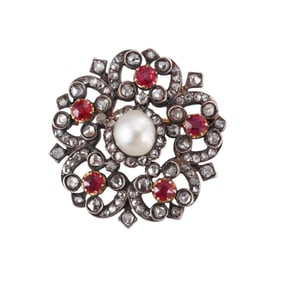 GIA Antique Natural Pearl Diamond Ruby Brooch Pin