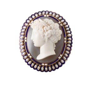 Antique Victorian 14k Gold Agate Pearl Enamel Cameo Brooch Pendant