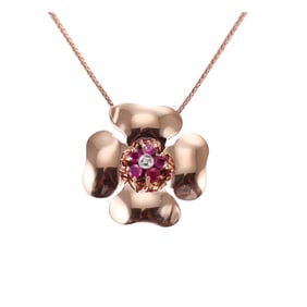 Retro Style 14k Rose Gold Ruby Diamond Flower Pendant Necklace