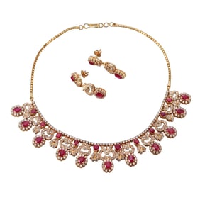 22k Gold Ruby Diamond Necklace Earrings Set