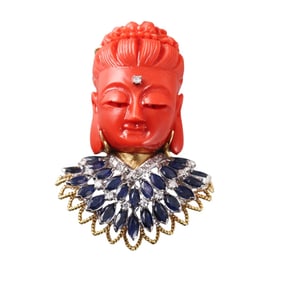 14k Gold Carved Coral Sapphire Diamond Buddha Pendant Brooch