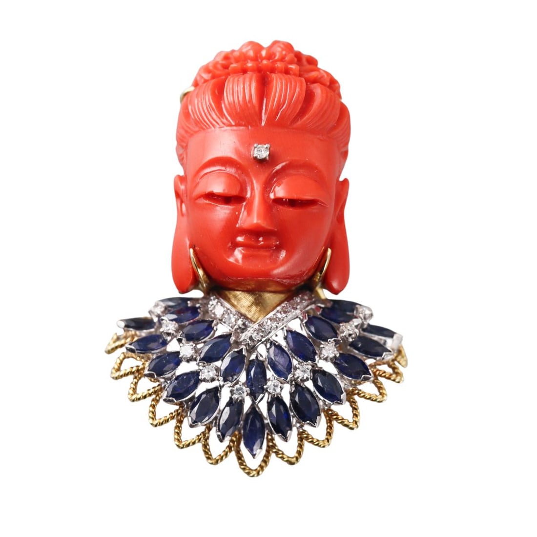 14k Gold Carved Coral Sapphire Diamond Buddha Pendant Brooch (1 of 5)