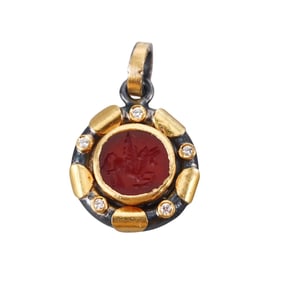 Ancient Inspired 24k Gold Silver Diamond Agate Intaglio Pegasus Pendant