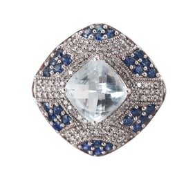 14k Gold Aquamarine Diamond Sapphire Cocktail Ring