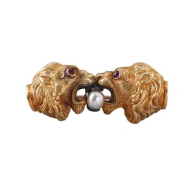 Art Nouveau Antique 18k Gold Pearl Ruby Lion Head Brooch Pin