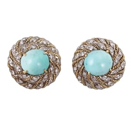 1960s 14k Gold 2.80ctw Diamond Turquoise Cocktail Earrings