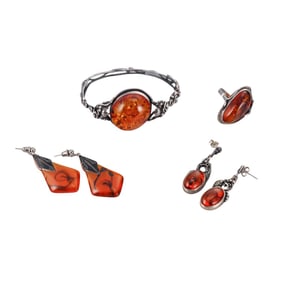 Sterling Silver Amber Jewelry Lot 4pc