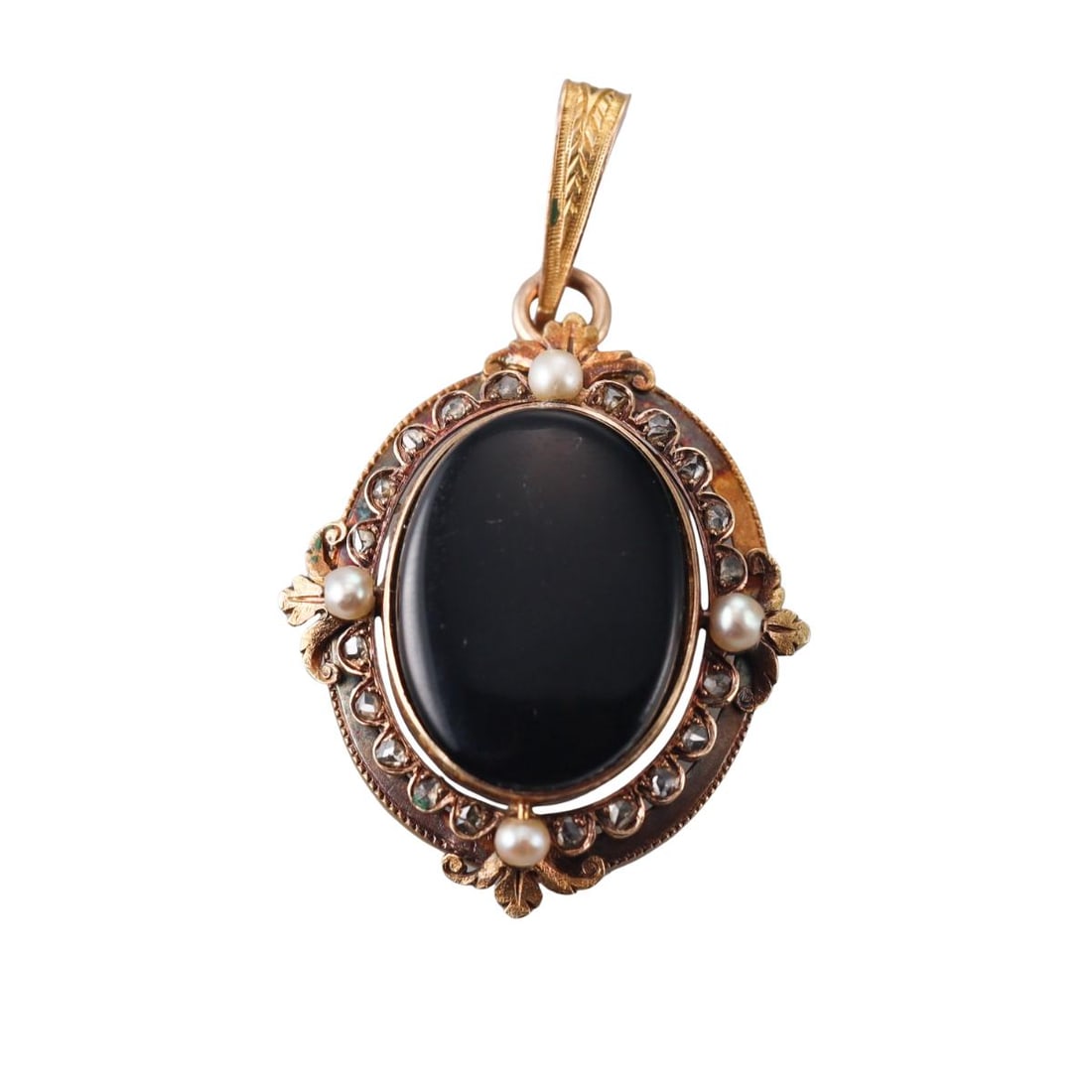 Antique Victorian 18k Gold Onyx Diamond Pearl Pendant: Metal : 18k Yellow Gold Designer : Not Signed Gemstone : Onyx, Pearls, Rose cut diamonds. Measurements : Pendant is 45mm with bale x 27mm. Marked: : Tested 18k. Weight: : 6