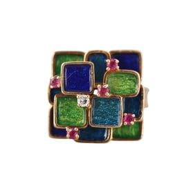 1970s Modernist Continental 18k Gold Enamel Diamond Ruby Ring